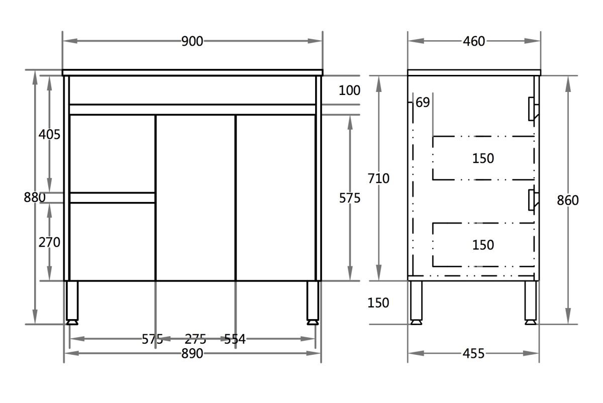 POSEIDON P94LLG STANDARD PVC FLOOR STANDING VANITY LEFT SIDE DRAWERS 900*460*880MM CABINET ONLY GLOSS WHITE