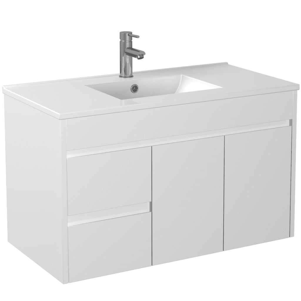 POSEIDON P94LWH-CT STANDARD PVC WALL HUNG VANITY LEFT SIDE DRAWERS 900*460*545MM CABINET WITH CERAMIC TOP GLOSS WHITE
