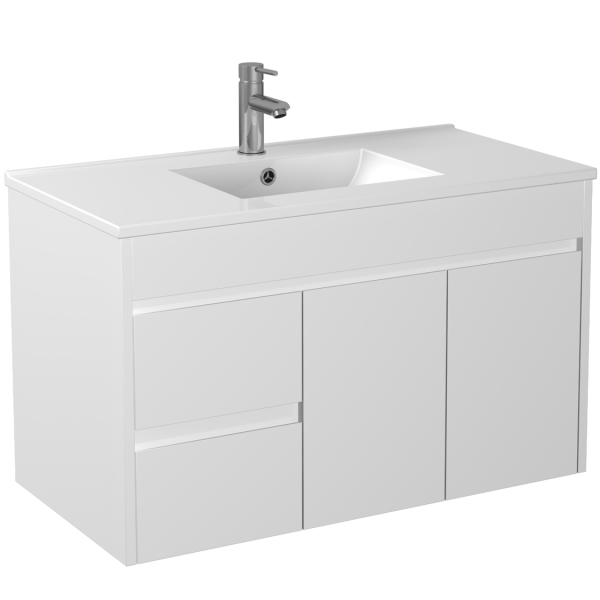 POSEIDON P94LWH-CT STANDARD PVC WALL HUNG VANITY LEFT SIDE DRAWERS 900*460*545MM CABINET WITH CERAMIC TOP GLOSS WHITE
