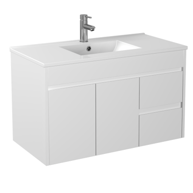 POSEIDON P94RWH-CT STANDARD PVC WALL HUNG VANITY RIGHT SIDE DRAWERS 900*460*545MM CABINET WITH CERAMIC TOP GLOSS WHITE