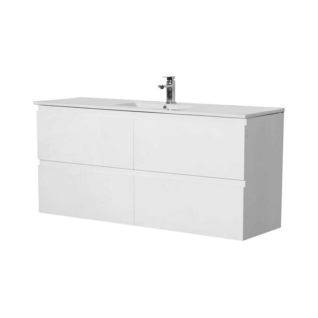 POSEIDON RIVA1500W RIVA WALL HUNG VANITY FOUR DRAWERS 1500x455x560MM CABINET ONLY GLOSS WHITE