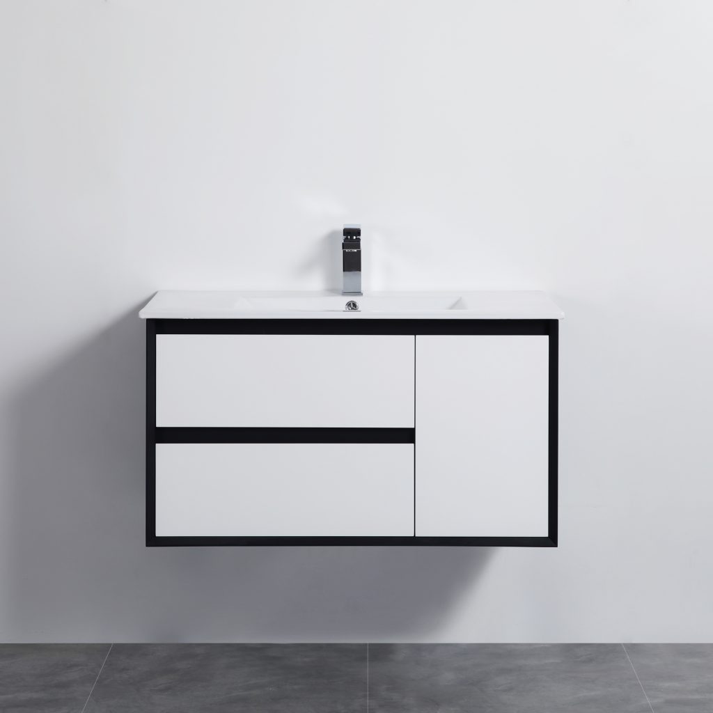 POSEIDON PE900LWH PETRA WALL HUNG VANITY LEFT SIDE DRAWERS 890*455*525MM CABINET ONLY MATTE WHITE & BLACK