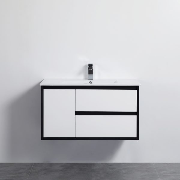 POSEIDON PE900WH PETRA WALL HUNG VANITY RIGHT SIDE DRAWERS 890*455*525MM CABINET ONLY MATTE WHITE & BLACK