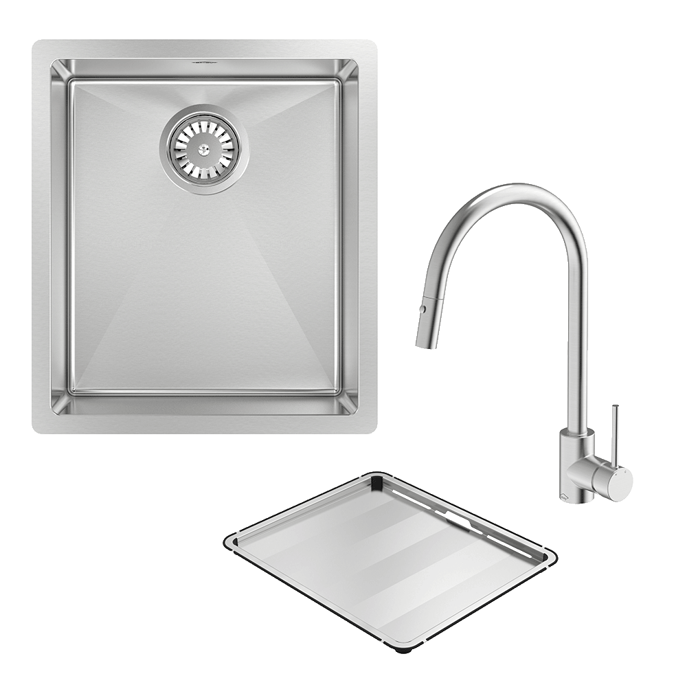 ABEY FRA340T15 ALFRESCO SINGLE BOWL SINK WITH DRAIN TRAY & KTA037-316-BR PULL OUT KITCHEN MIXER CHROME