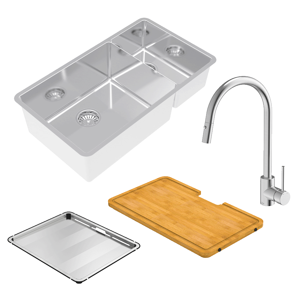 ABEY LUA221T14 LUCIA ONE AND THREE QUARTER BOWL SINK WITH KTA014-BR KITCHEN MIXER CHROME