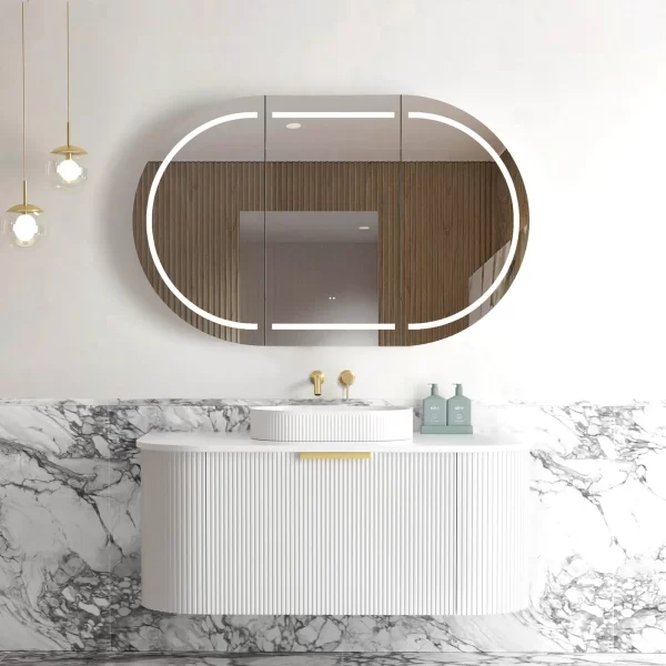 OTTI BO1200W BONDI FLUTED CURVE WALL HUNG VANITY 1200 CABINET ONLY SATIN WHITE