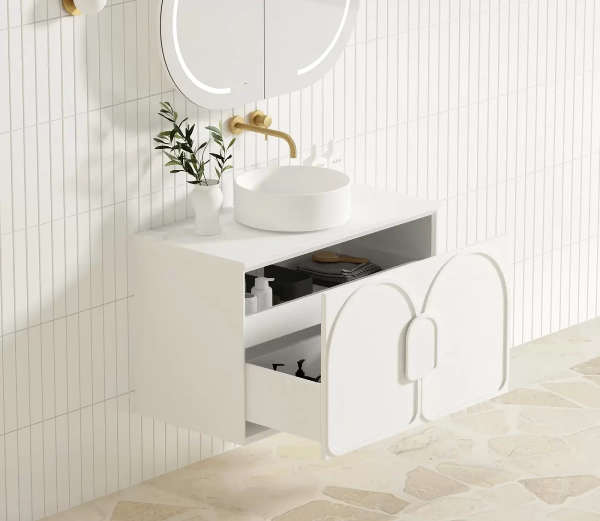 OTTI LG900W LAGUNA WALL HUNG VANITY 900 SATIN WHITE WITH MARBLE INSERT