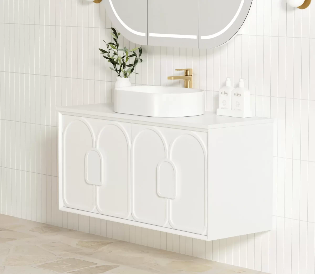 OTTI LG1200W LAGUNA WALL HUNG VANITY 1200 SATIN WHITE WITH MARBLE INSERT