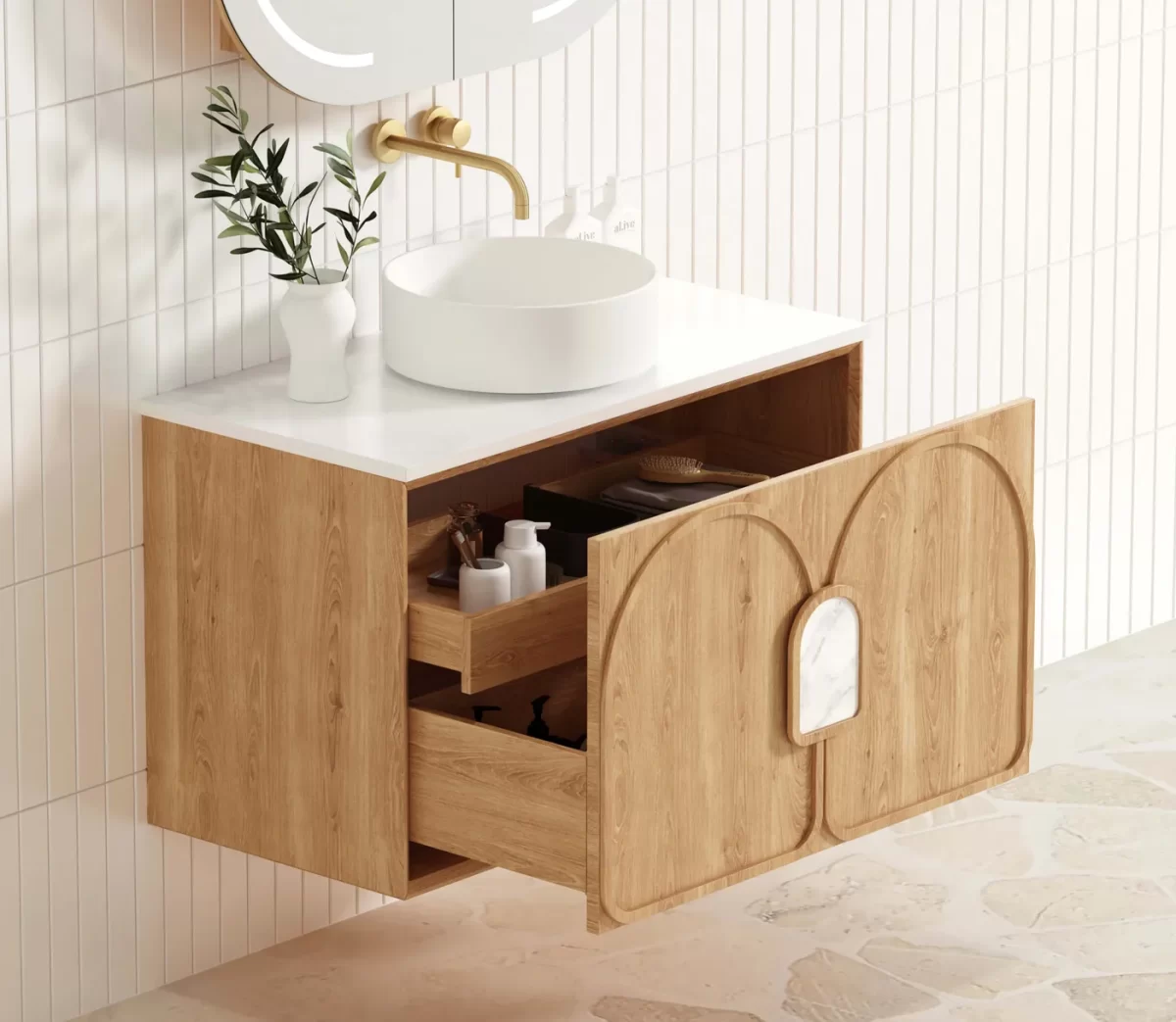 OTTI LG900N LAGUNA WALL HUNG VANITY 900 NATURAL AMERICAN OAK WITH MARBLE INSERT