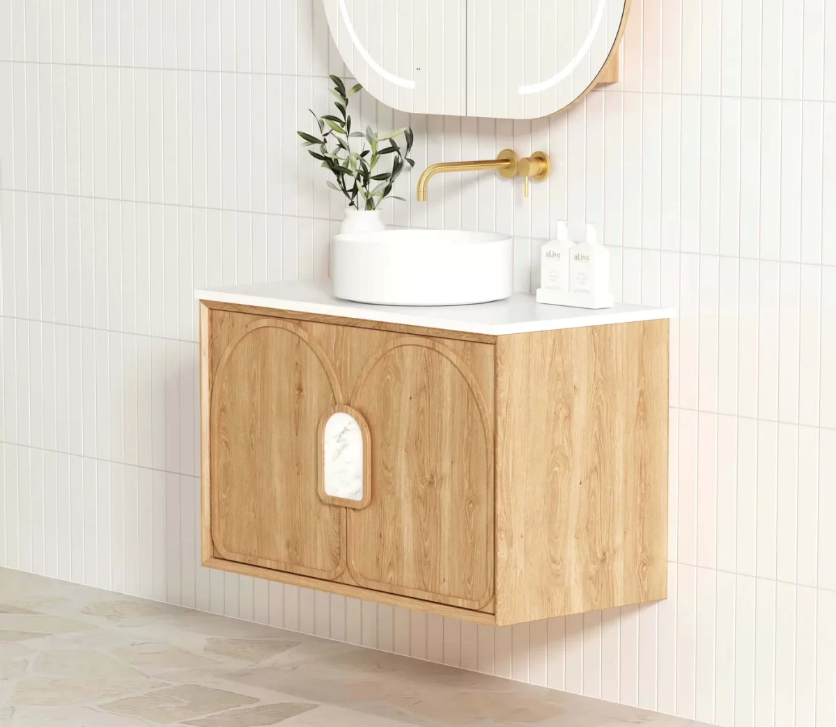 OTTI LG900N LAGUNA WALL HUNG VANITY 900 NATURAL AMERICAN OAK WITH MARBLE INSERT