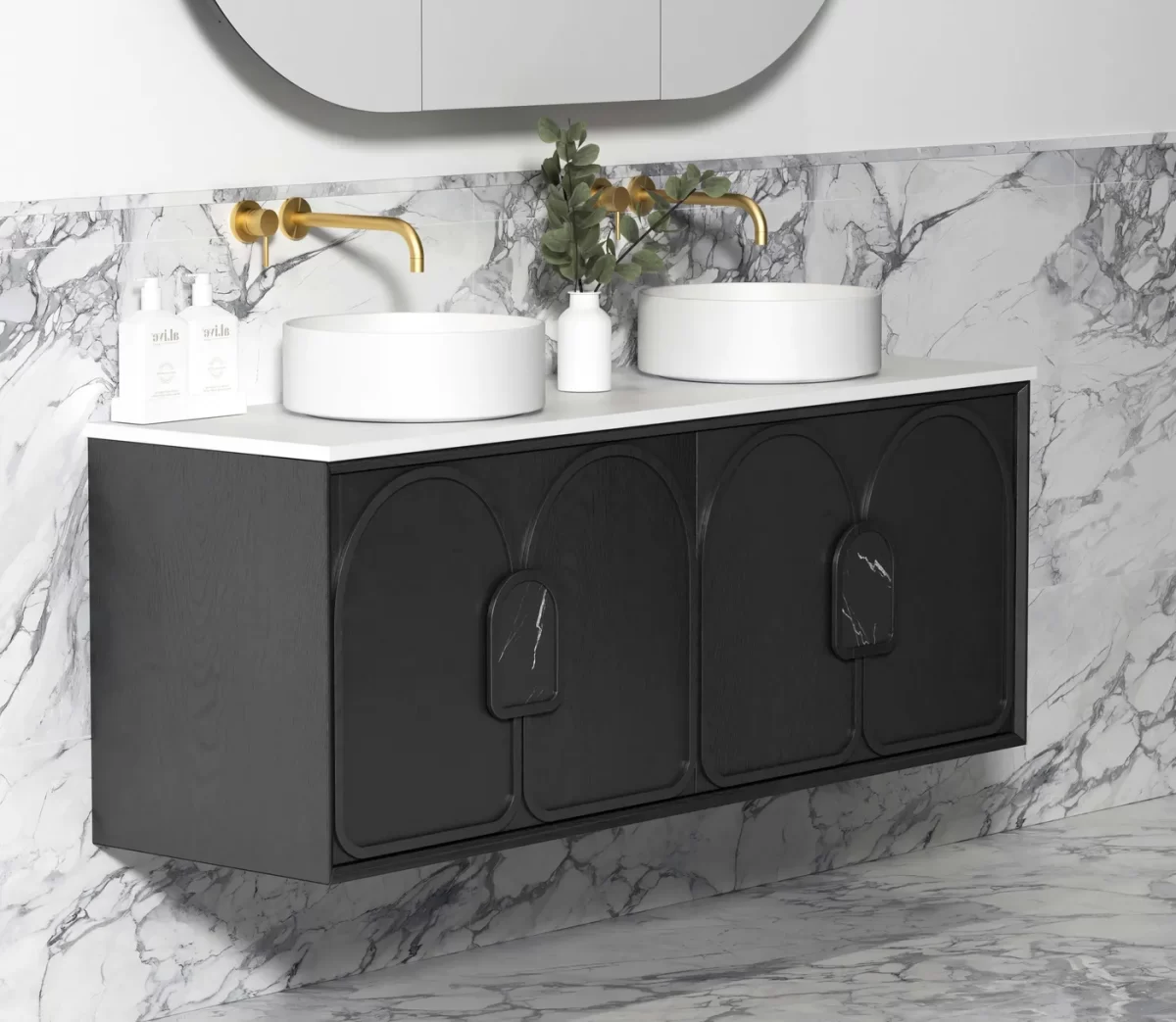 OTTI LG1500B LAGUNA WALL HUNG VANITY 1500 BLACK AMERICAN OAK WITH MARBLE INSERT