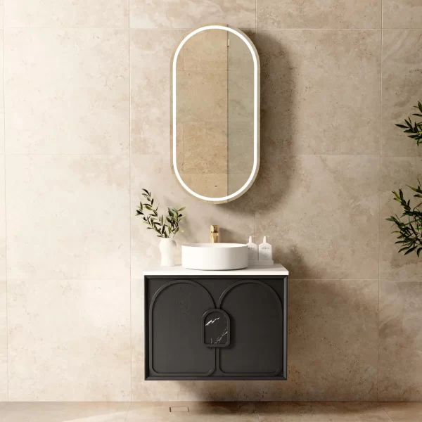 OTTI LG750B LAGUNA WALL HUNG VANITY 750 BLACK AMERICAN OAK WITH MARBLE INSERT