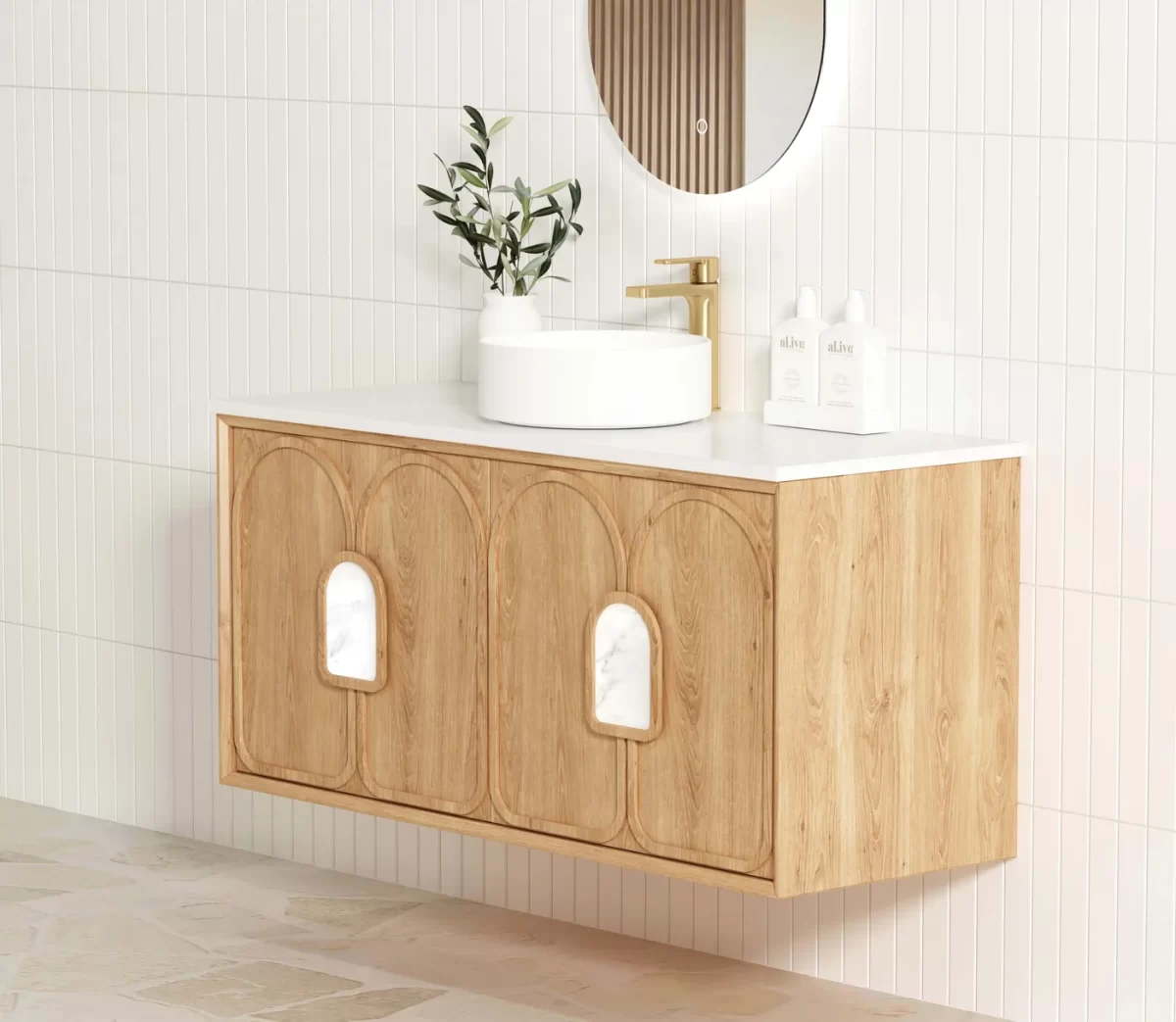 OTTI LG1200N LAGUNA WALL HUNG VANITY 1200 NATURAL AMERICAN OAK WITH MARBLE INSERT