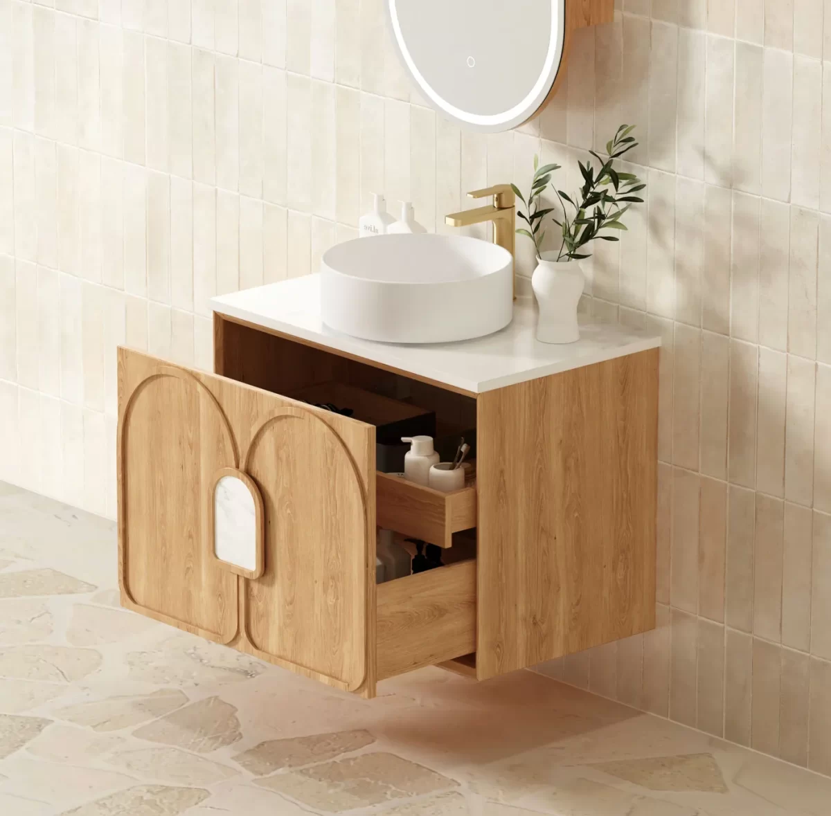 OTTI LG600N LAGUNA WALL HUNG VANITY 600 NATURAL AMERICAN OAK WITH MARBLE INSERT