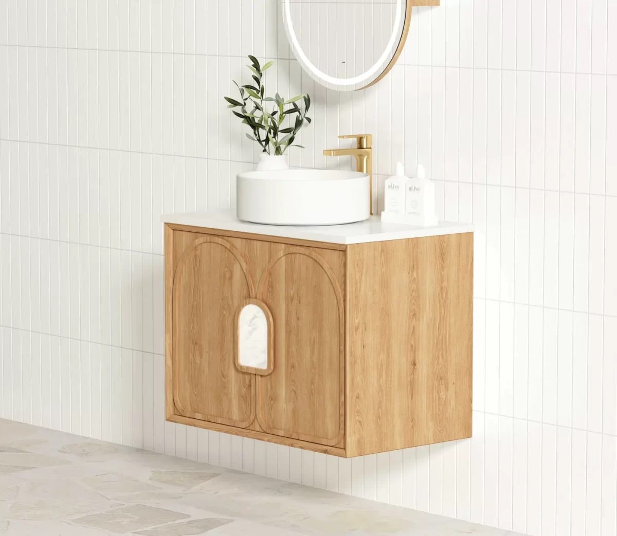 OTTI LG600N LAGUNA WALL HUNG VANITY 600 NATURAL AMERICAN OAK WITH MARBLE INSERT