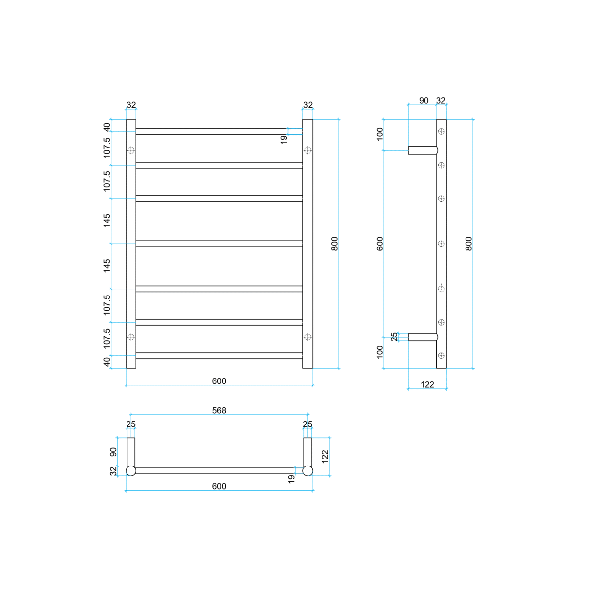 THERMOGROUP SR44MBN HEATED TOWEL RAIL ROUND LADDER BRUSHED NICKEL