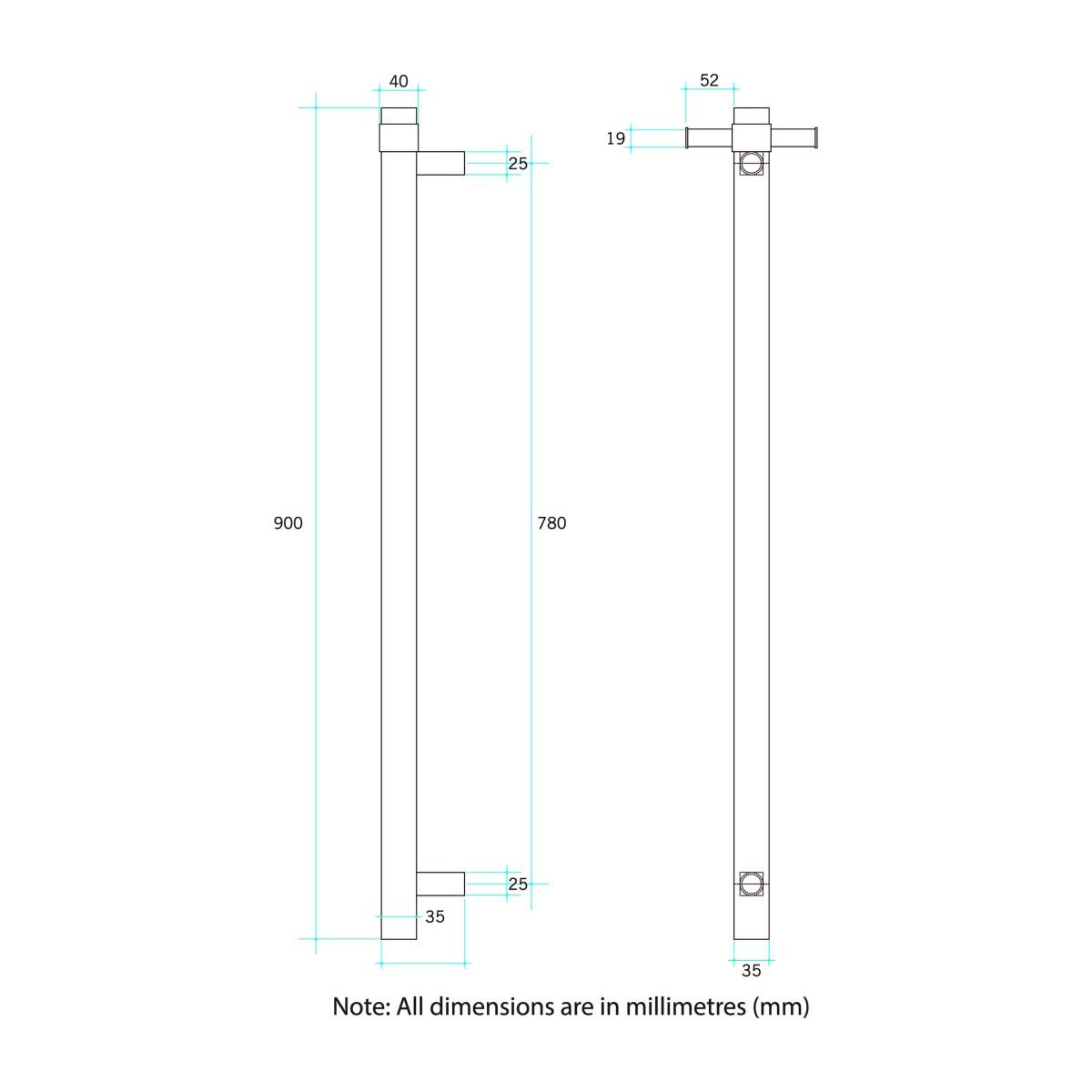 THERMOGROUP VS900SHB SQUARE VERTICAL SINGLE BAR HEATED TOWEL RAIL MATT BLACK