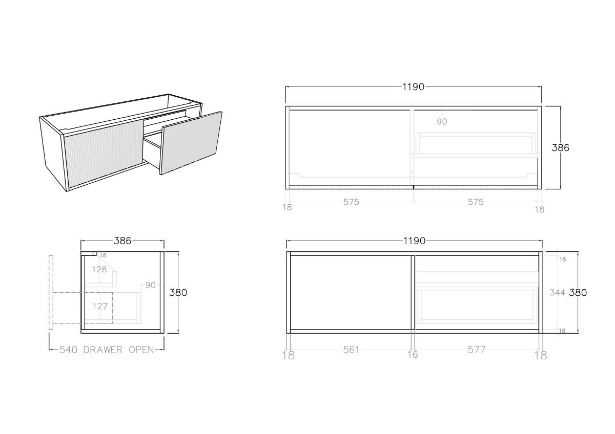 POSEIDON K123RW BELLEVUE ENSUITE WALL HUNG VANITY RIGHT HAND DRAWERS CABINET ONLY