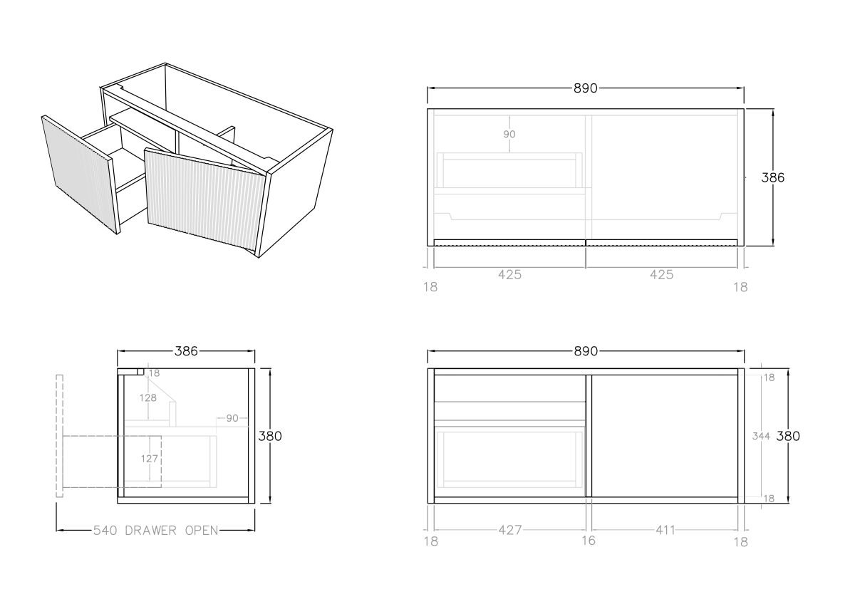 POSEIDON K93LW BELLEVUE ENSUITE WALL HUNG VANITY LEFT HAND DRAWERS CABINET ONLY
