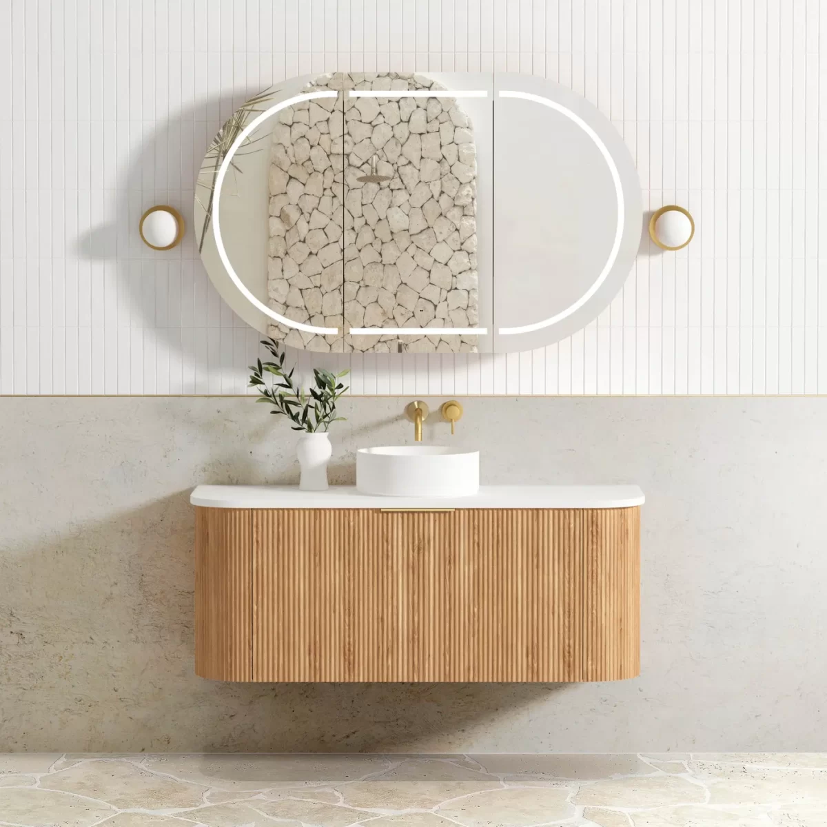 OTTI BOW1200L BONDI FLUTED CURVE WALL HUNG VANITY 1200 CABINET ONLY WOODLAND OAK