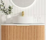 OTTI BOW750L BONDI FLUTED CURVE WALL HUNG VANITY 750 CABINET ONLY WOODLAND OAK