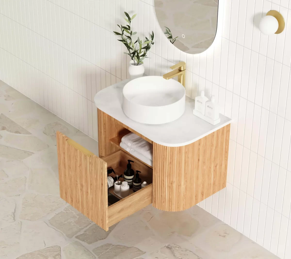 OTTI BOW750L BONDI FLUTED CURVE WALL HUNG VANITY 750 CABINET ONLY WOODLAND OAK