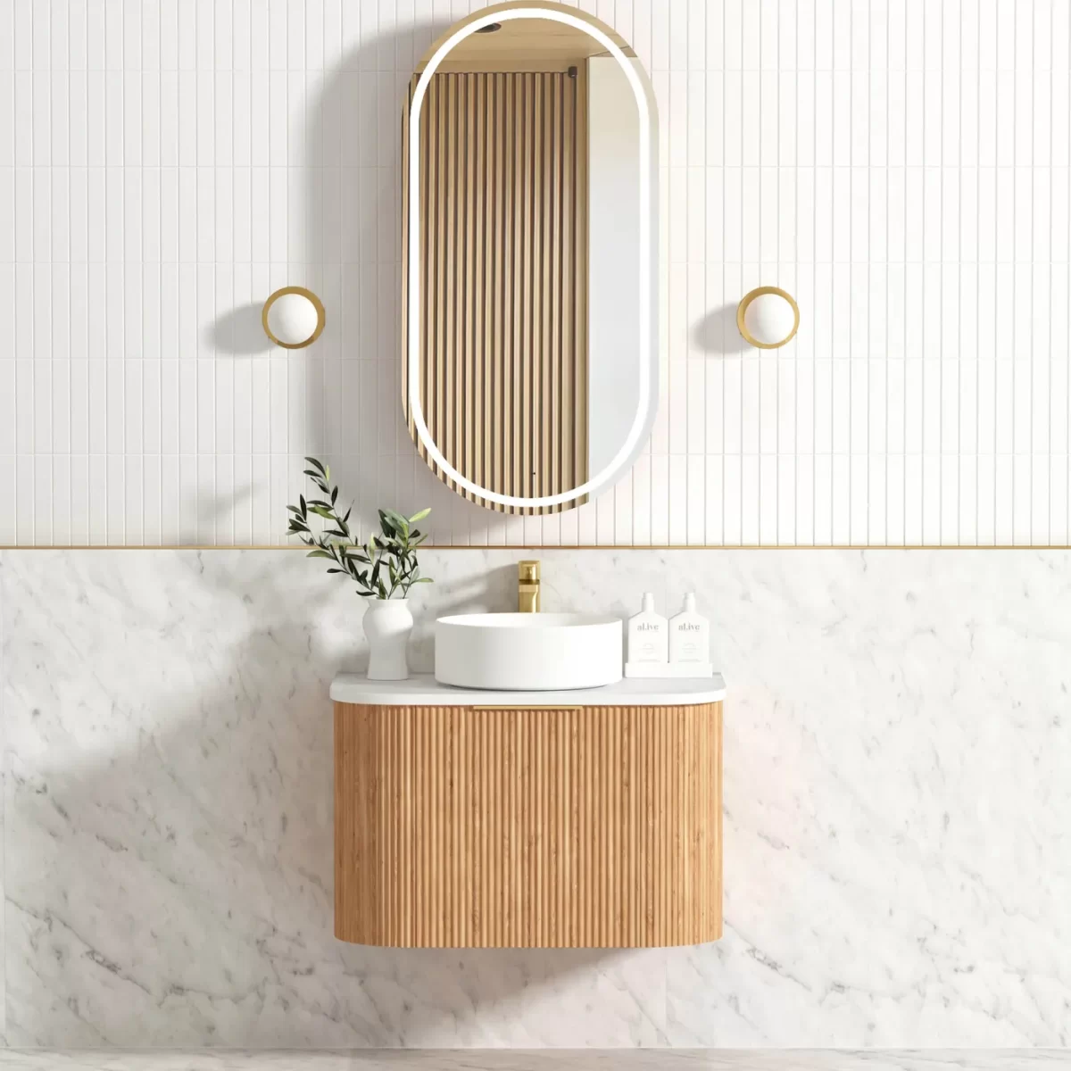 OTTI BOW750L BONDI FLUTED CURVE WALL HUNG VANITY 750 CABINET ONLY WOODLAND OAK