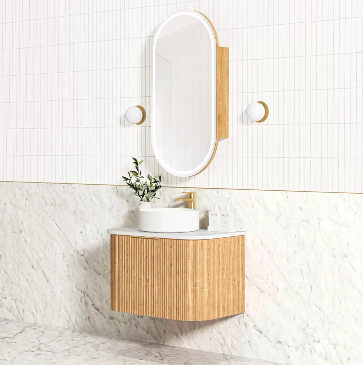 OTTI BOW750L BONDI FLUTED CURVE WALL HUNG VANITY 750 CABINET ONLY WOODLAND OAK