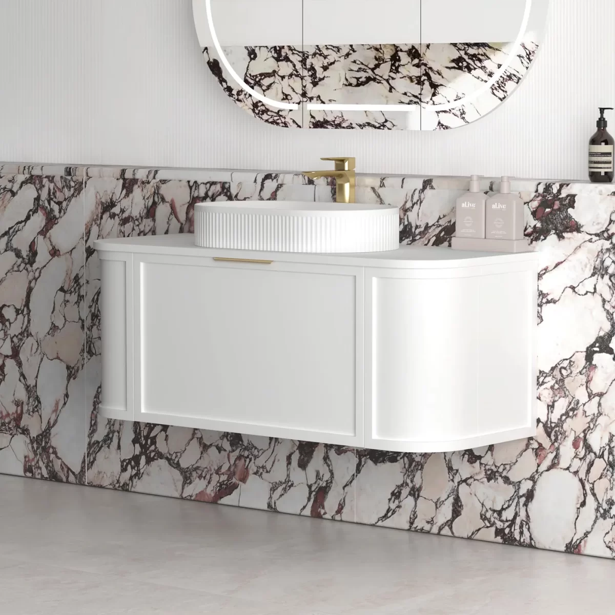 OTTI BOH1200W HAMPSHIRE CURVE WALL HUNG VANITY 1200 CABINET ONLY SATIN WHITE