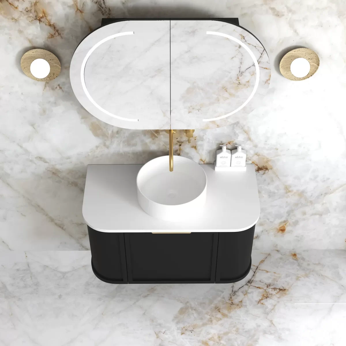 OTTI BOH900B HAMPSHIRE CURVE WALL HUNG VANITY 900 CABINET ONLY SATIN BLACK