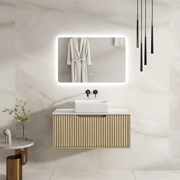 UNICASA RH-90W-NO RHEA FLUTED WALL HUNG VANITY 900MM NATURAL OAK