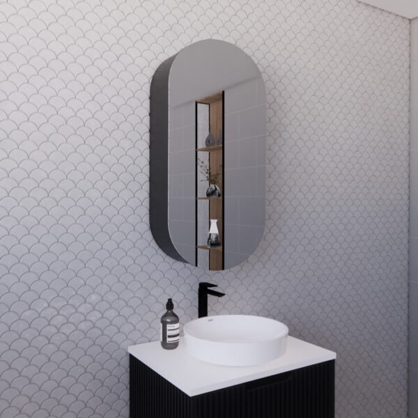 ABS RIVA LONDON OVAL MIRROR CABINET 450x870x140MM MATTE BLACK