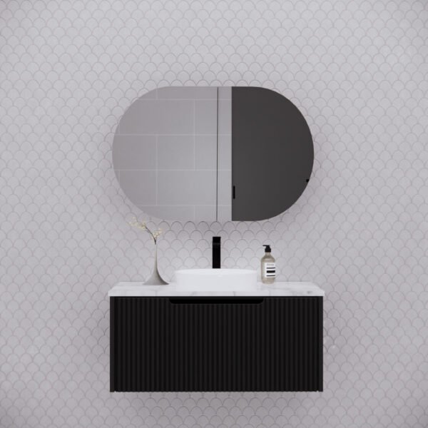 ABS RIVA LONDON OVAL MIRROR CABINET 870x600x140MM MATTE BLACK