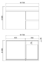 ABS RIVA WH750-GW LESS WALL HUNG VANITY 750MM LEFT/RIGHT HAND DRAWERS GLOSS WHITE
