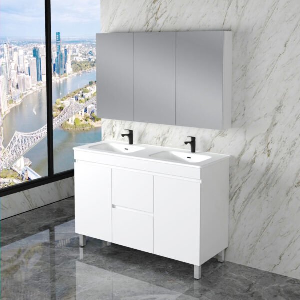 ABS RIVA FS1200M-GW LESS FREESTANDING VANITY 1200MM DOUBLE BOWL GLOSS WHITE