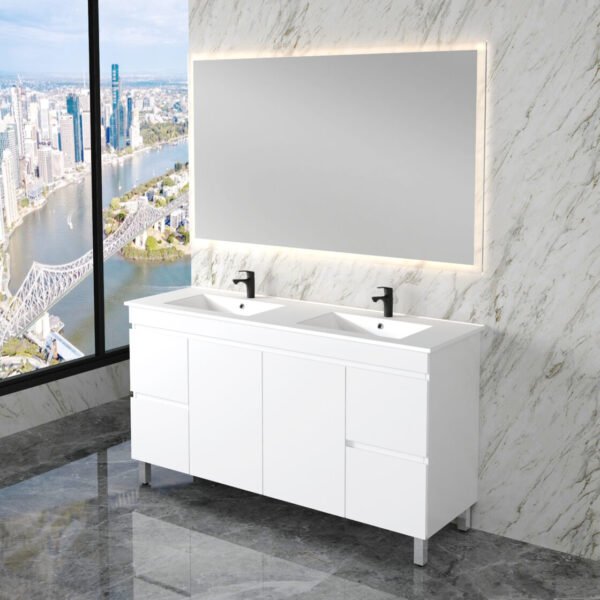 ABS RIVA FS1500M-GW LESS FREESTANDING VANITY 1500MM SINGLE/DOUBLE BOWL GLOSS WHITE