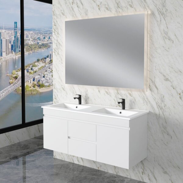 ABS RIVA WH1200M-GW LESS WALL HUNG VANITY 1200MM DOUBLE BOWL GLOSS WHITE