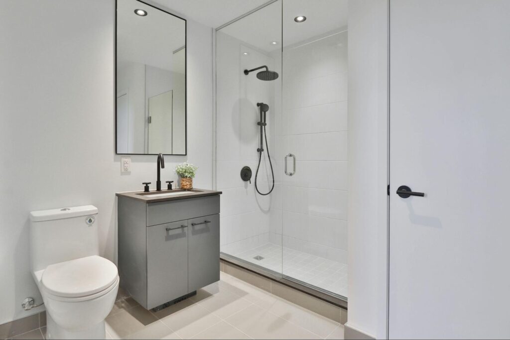 Affordable Bathroom Renovation Ideas with traditional toilet, repainted bathroom vanity and big mirror