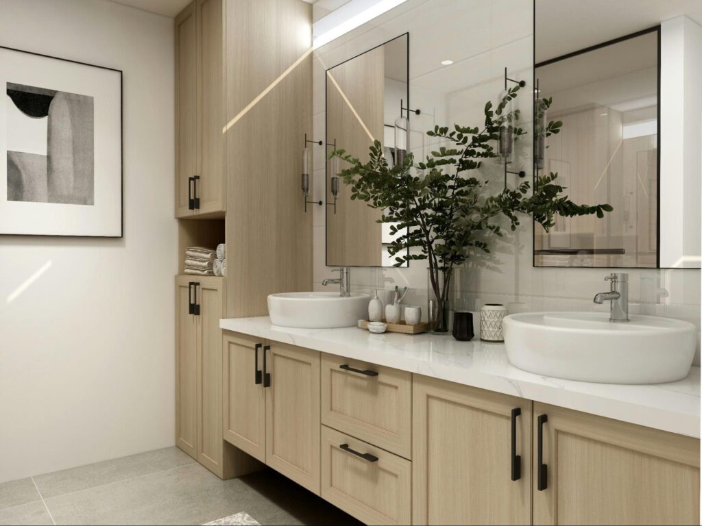 Bathroom Renovation Ideas with timber vanities and double sink