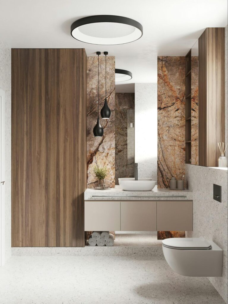Small Bathroom Renovation Ideas with floating vanities and big mirror