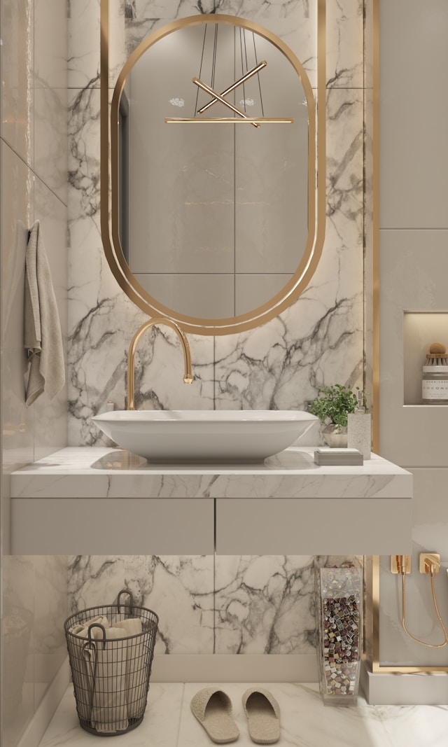 Stone Top Basin with Big LED mirror as Bathroom Renovation Ideas